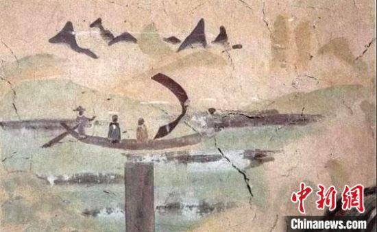 “一人搖櫓晃扁舟，兩人撐篙水上漂。”圖為莫高窟第323窟《搖櫓帆船》（初唐）?！《鼗脱芯吭汗﹫D