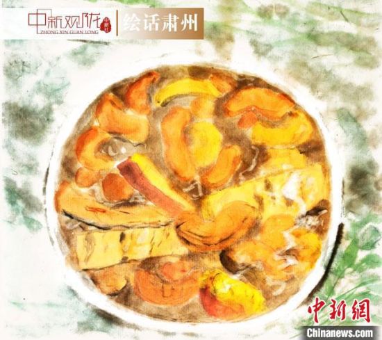 圖為酒泉美食“糊鍋”繪畫作品?！《排d彥 攝